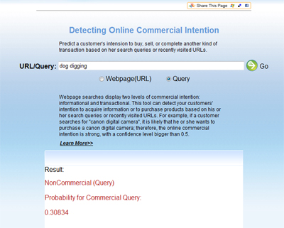 MSN Commercial Intention Tool Screenshot showing MSN's Commercial Intention Tool